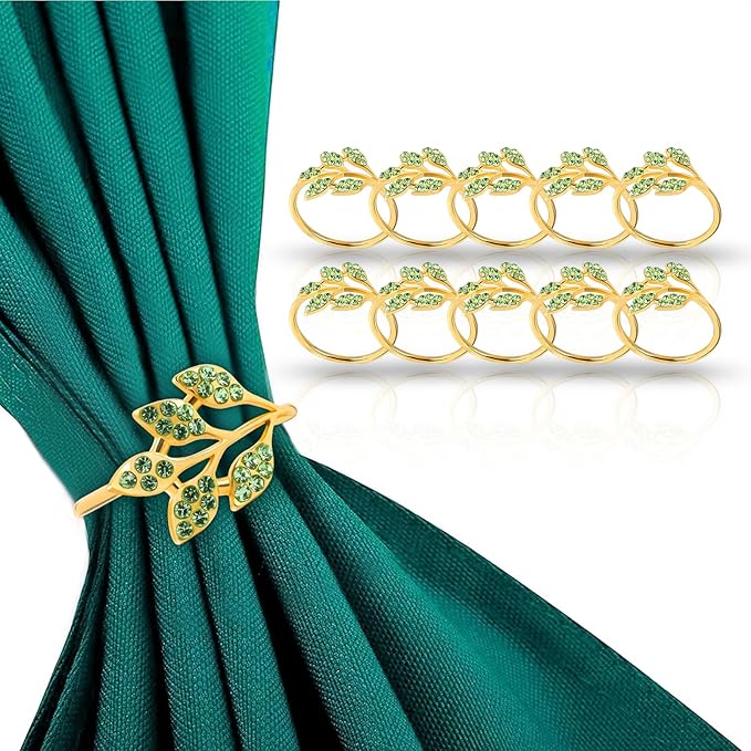 Gold Napkin Rings Set of 10,Napkin Rings Holder Buckles,Thanksgiving Christmas Napkin Ring Alloy Leaf Diamonds Napkin Ring for Dining Table Decor Wedding,Dinner Party Decorations Green Diamonds 10pcs