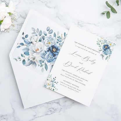 PONATIA 50PCS A7 Euro Flap White Envelope, 5.25 x 7.25'' Dusty Blue Flowers Liner Envelopes for Wedding Invitations, Photos, Postcards, Greeting Cards, Acrylic Mailing, 5x7 Envelopes