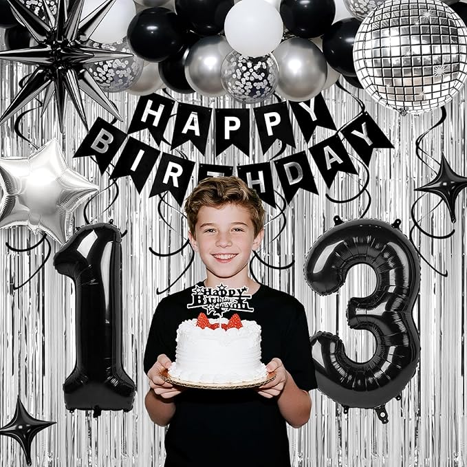 13th Birthday Decorations for Boys Girls, Black Silver Happy Birthday Party Decorations， 13 Year Old Party Supplies with Number 13 Balloons, Banner, Fringe Curtains Kit