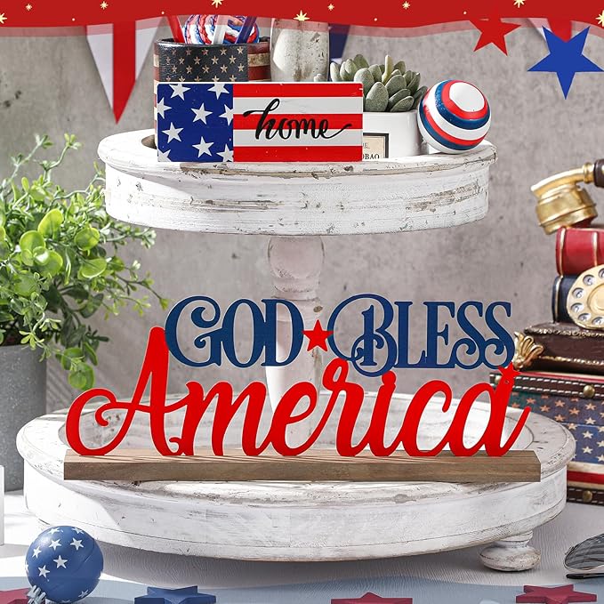 Patriotic God Bless America Metal Sign Rustic Table Decor Holiday Tiered Tray Decor with Wooden Base Freestanding Metal Word Sign for Home Tabletop Centerpiece Mantel Shelf Fireplace