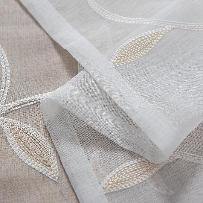 VISIONTEX White Sheer Voile Curtains, Decorative Leaves Embroidery Faux Linen Rod Pocket Window Drapes for Home Kitchen, Living Room and Bedroom 26 x 36 Inch, Set of 2 Curtain Panels