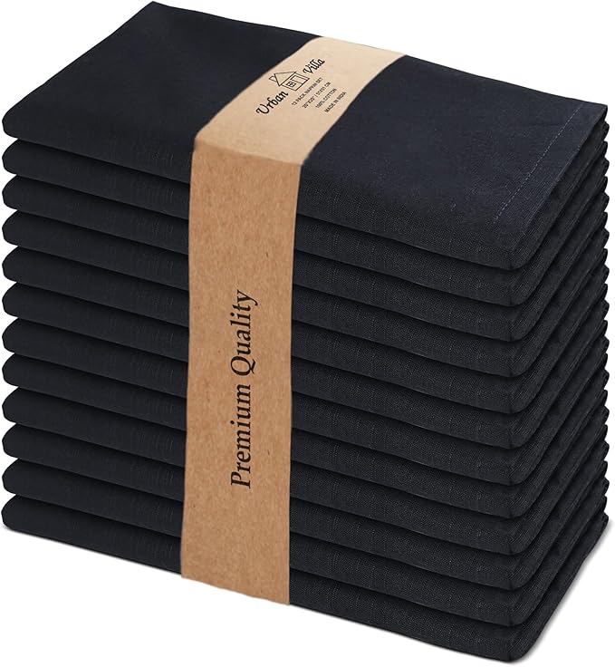 Urban Villa Cloth Napkins Halloween Dinner Napkins Solid Black Color 20''x20'' (Set of 12) 100% Cotton Slub Absorbent Napkins Soft Durable Reusable Washable Ideal for Events Parties Everyday use