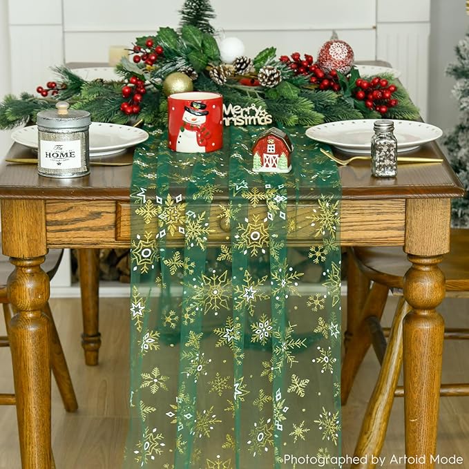 Artoid Mode Green Gold Snowflakes Christmas Gauze Table Runner 120 Inch 10FT, Winter Seasonal Sheer Dining Holiday Wedding Table Decor for Home Party