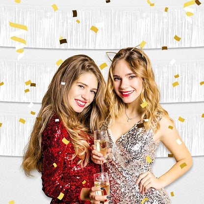 4 Pack 10 Feet White Foil Fringe Garland Metallic Tinsel Streamers Banner Wall Hanging Curtain Backdrop for Parade Floats, Wedding, Graduate, Mother's Day, Birthday Party Decoration