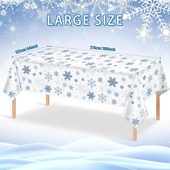 1 Pieces Snowflake Christmas Party Tablecloth Decorations,Plastic White Snowflake White Blue Xmas Backdrop Sign Table Cover Banner for Winter Christmas Holiday Party Supplies,54x108 inch（White/Blue）