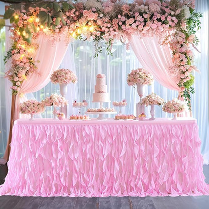 PARTISKY Pink Tulle Curly Willow Table Skirt for Rectangle Table 17ft, Ruffle Tutu Table Cloth for Girls Baby Shower,Birthday Party Candy Cake Tables