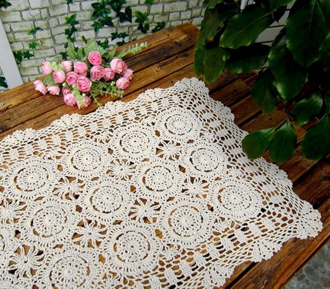 Cotton Handmade Crochet lace Table Runners Rectangular Tablecloth Doilies Doily Table Dresser Scarf Décor,19x35Inch,White
