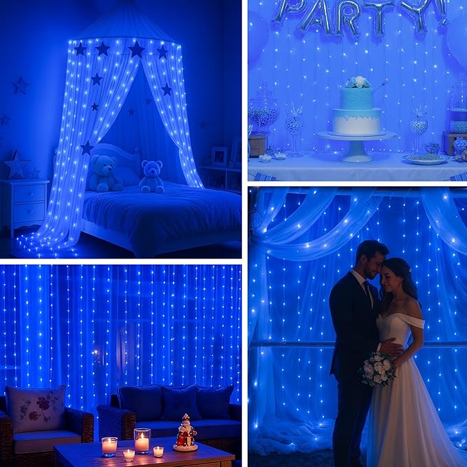 DomeStar 300 LED Fairy Curtain Lights, 9.8ft x 9.8ft Battery Operated with 8 Modes Remote Christmas Waterproof String Hanging Lights for Bedroom Patio Garden Party Wedding Wall Decor (Blue)