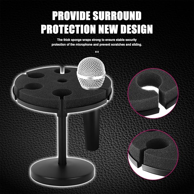 Multi Microphone Holder, Wired and Wireless Mic Holder for Stand, Hold Up to 6 Microphones, Aluminum, Black with stand (Desk)
