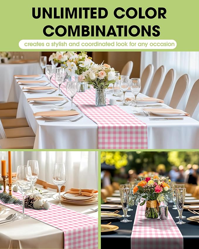 Pureegg Gingham Plastic Table Runners - 10 Pack, 14'' x 108'', Water Resistant & Disposable Plaid Centerpiece Decorations for Table Cloth, Birthday, Holiday, Party, Pink and White Checkered Home Decor