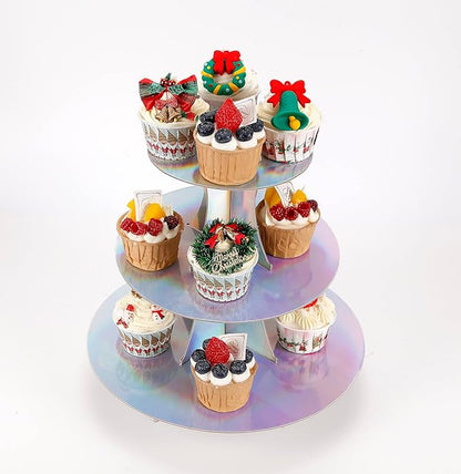 3-Tier Cupcake Stand, Round Rainbow Cake Stand Holder, Tiered DIY Cupcake Stand Tower for Dessert Table Displays, Birthday Theme Party Favors Decoration, Floral Tea Party, 12" W x 12.8" H, Laser