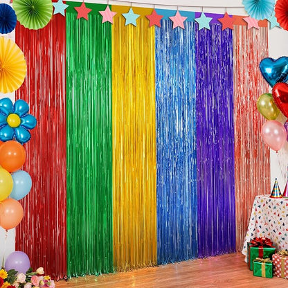 Rainbow Metallic Tinsel Foil Fringe Curtains Backdrop, 2Pack Party Streamers for Birthday Party Decorations Halloween Christmas Decors Foil Curtain Backdrop for Bachelorette Bridal Anniversary Party