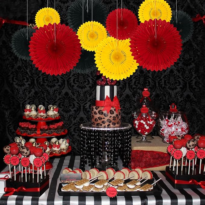 18 Pcs Red Yellow Black Hanging Paper Fan, Hanging Honeycomb Round Paper Fans for Weddings, Birthdays, Christmas, Baby Showers, Classroom, Events Ceiling Party Supplies Decorations