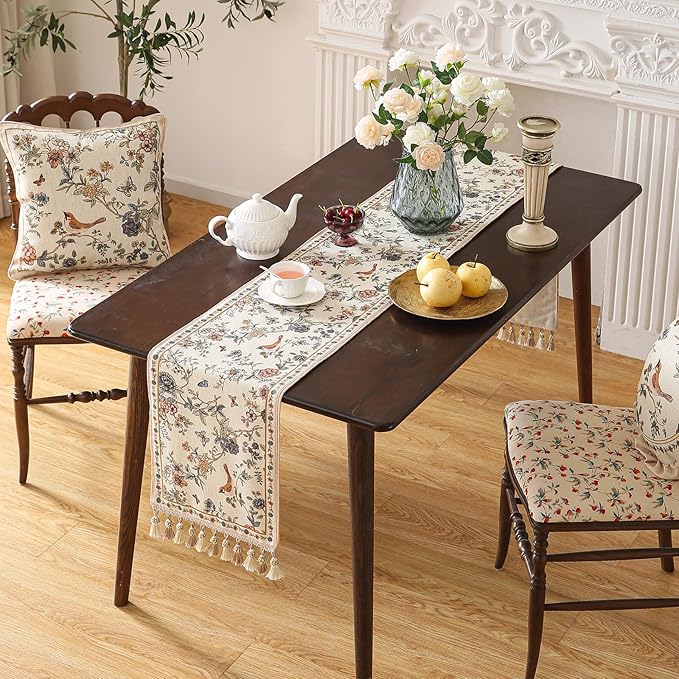 ISAENNE Designer Linen Table Runner 118 Inches Extra Long,Elegant Floral Bird Pattern Table Runners for Dining Room,Farmhouse Rustic Kitchen Decor,Thanksgiving,Christmas,12"*118"-Cornucopia