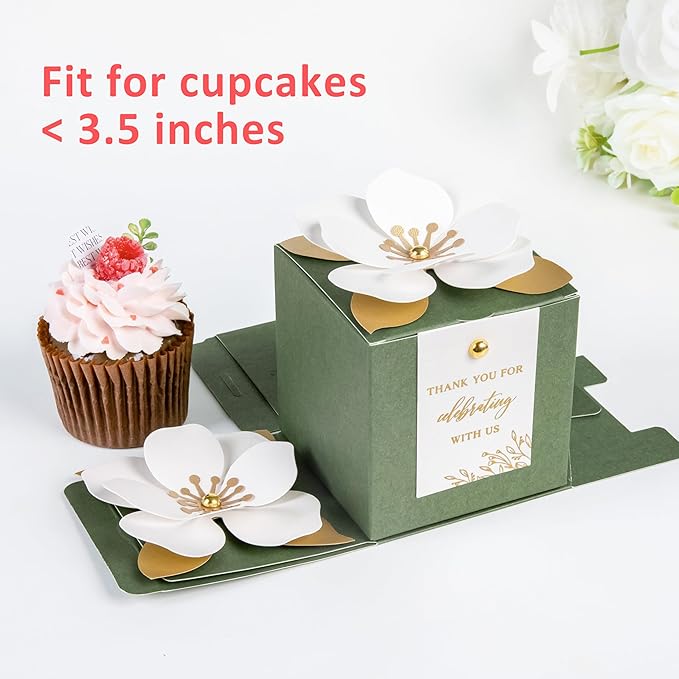 FEIYI 20 PCS Gift Boxes, 3 In 1 Olive Green Favor Boxes with Floral Decor, White Thank You Tags Cupcake Containers Gift wrapping for Wedding, Baby Shower, Birthday, Decorations Party - 3.55x3.55x3.55