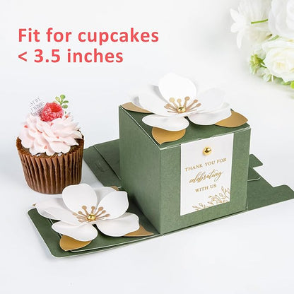 FEIYI 20 PCS Gift Boxes, 3 In 1 Olive Green Favor Boxes with Floral Decor, White Thank You Tags Cupcake Containers Gift wrapping for Wedding, Baby Shower, Birthday, Decorations Party - 3.55x3.55x3.55