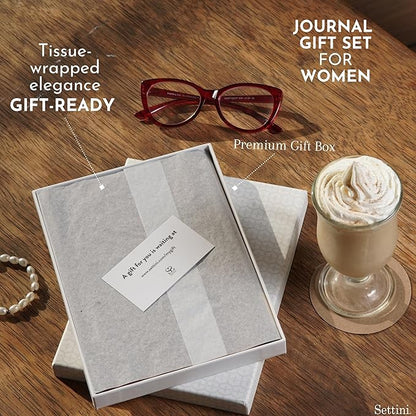 SETTINI® Lined Journal - Flower Journal for Writing Gift Set - Hardcover Vegan Leather, Unique Pen Holder, 192 Pages, 6" x 8.5" - Includes Pen and Gift Box - Birthday Gift
