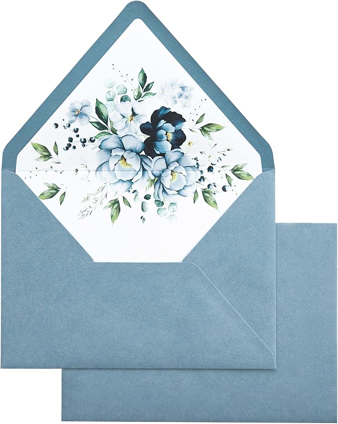 PONATIA 50PCS A7 Euro Flap Envelopes, 5.25 x 7.25'' Dusty Blue Flowers Liner Envelopes for Wedding Invitations, Photos, Postcards, Greeting Cards, Christmas Gift Cards, Acrylic Mailing, 5x7 envelopes