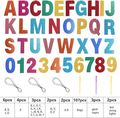 TaoBary 112 Pcs DIY Letter Kit Glitter Customizable Banner Letters Include 107 Letters and Numbers 3 Rope and 2 Needles for Birthday Halloween Christmas Wedding Valentine Party Decor(Rainbow)