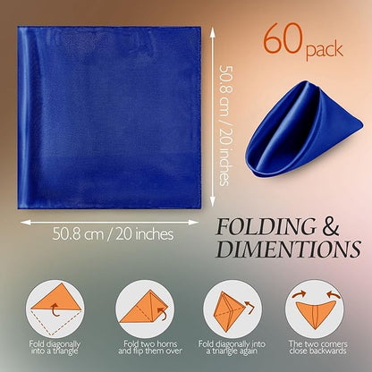 Manyshofu 60 Pieces Royal Blue Satin Napkins - 20x20 Inches Cloth Napkins, Square Satin Fabric Napkins Set - Soft & Reusable Table Napkins for Wedding Dinner Party Lunch Banquet Restaurant Decoration