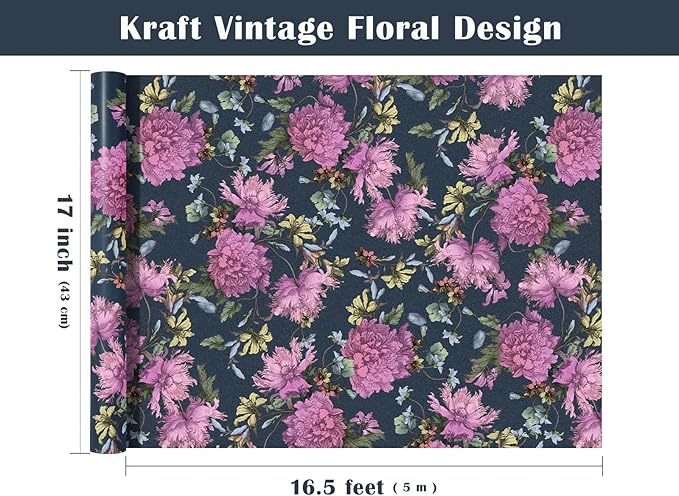 WRAPAHOLIC Kraft Floral Wrapping Paper Roll - Mini Roll - 17 Inch x 16.5 Feet - Vintage Flower Wrapping Paper Perfect for Wedding, Birthday, Bridal Shower, Tea Party