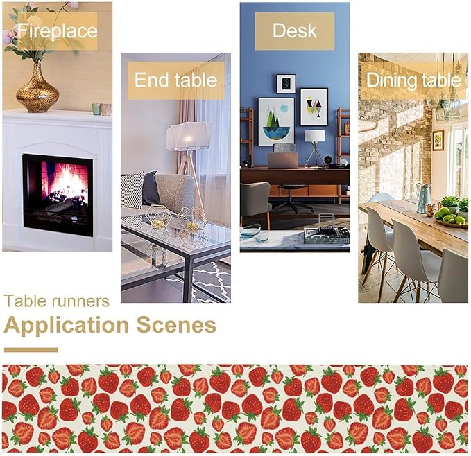 Strawberry Table Runner,Spring Summer Fruit Print Table Runner for Kitchen Dining Table Home Party Decoration 13x72 Inch