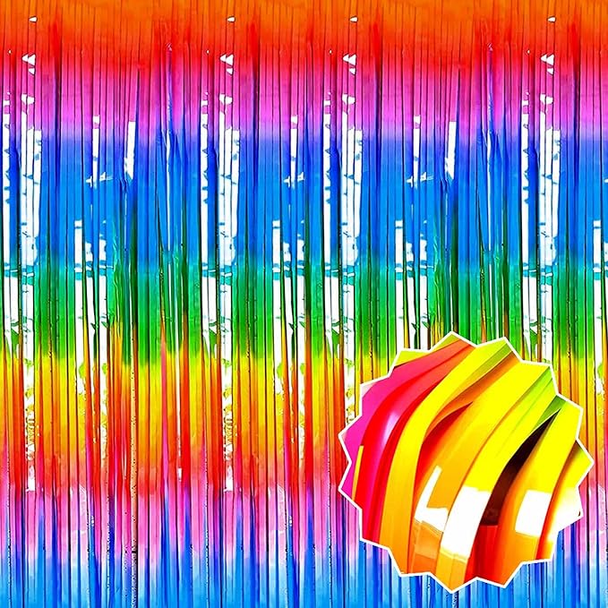 6 Pack Dark Rainbow Foil Fringe Curtains Backdrop, 3.28 x 8.2 Ft Metallic Streamers Tinsel Curtains Background for Photo Booth, Birthday, Weddings, Carnivals, Graduation, Themed Party Decorations