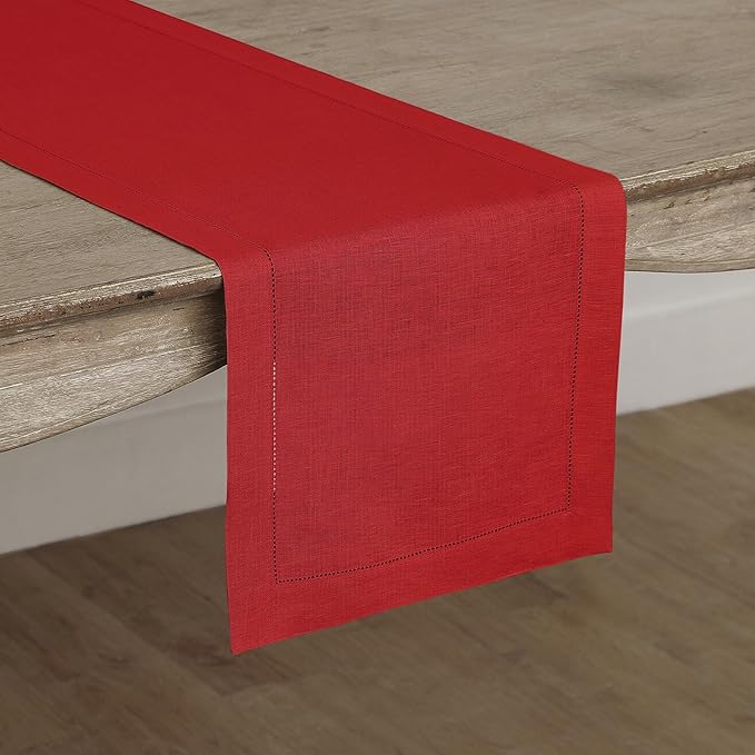 Solino Home Linen Red Table Runner 60 Inches - Classic Hemstitch, 100% Pure Linen Coffee Table Runner 14 x 60 Inch Ideal for Dresser Tables - Christmas, Holiday