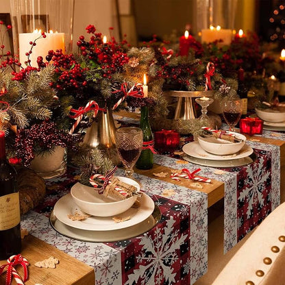 Buffalo Plaid Christmas Cotton Linen Table Runner for Dining Kitchen, Snowflake Red Black Check Wedding Outdoor Party Tablerunner Decoration,Retro Dresser Scarf Coffee Tablecloth Runners 13x120 Inches