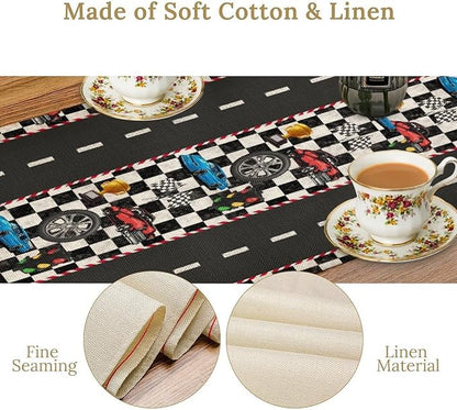 Race Car Table Runner,Checkered Flag Black and White Race Cars Pattern Print Tablecloth Burlap for Hotel Indoors Outdoor Dining Room Kitchen Home Decor,W13X L108 in