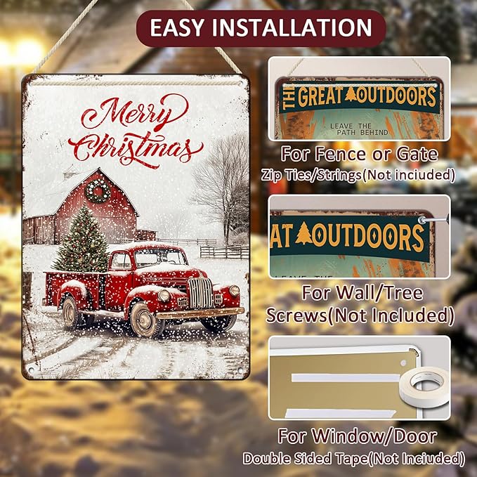 Vintage Christmas Red Truck Tin Sign Merry Christmas Truck Christmas Tree Metal Tin Sign Winter Rustic House Yard Xmas Pickup Holiday Wall Decorations Tin Sign 12x16Inch