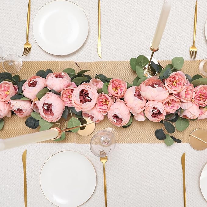 Floweroyal 2 Pack Artificial Flower Garlands 11.2FT Eucalyptus Garlands with Flowers 8 Head Peony Flower Vine Faux Floral Garland for Wedding Arch Table Wall Backdrop Wreath Decoration. (Vintage Pink)
