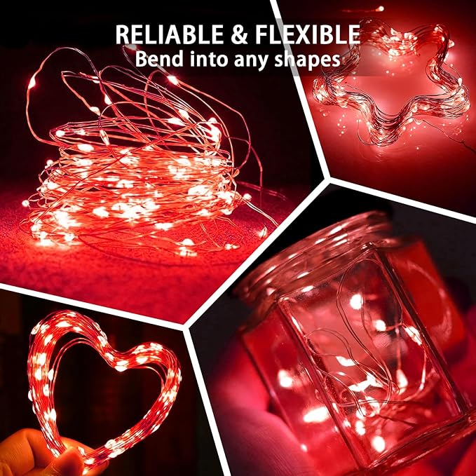 24 Pack Red Fairy Lights 7Ft 20 LED Twinkle String Lights 3 Modes Battery Operated Waterproof Firefly Starry for Mason Jar Party Wedding Christmas Valentines Day Table Centerpieces