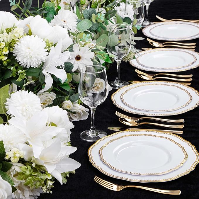 Hioasis 60pcs Gold Plastic Plates - White and Gold Disposable Dinnerware with Gold Rim, Heavy-duty, 10.25 inch, Dinner Plates for Party & Wedding