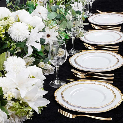 Hioasis 60pcs Gold Plastic Plates - White and Gold Disposable Dinnerware with Gold Rim, Heavy-duty, 10.25 inch, Dinner Plates for Party & Wedding