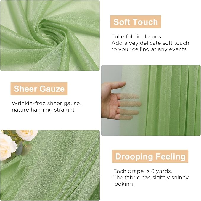 Wokceer Wedding Arch Draping 3 Panels 28.7" x 20FT Sage Green Sheer Fabric Backdrop for Ceremony, Birthday Party, Bridal Shower Decoration