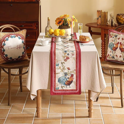 patdrea Designer Farmhouse Linen Extra Long Table Runner,Rustic Cottage Mauve with Rooster and Floral Pattern Fabric Table Mat,Decoration for Kitchen Dining Christmas New Year Banquet, 12"*118"