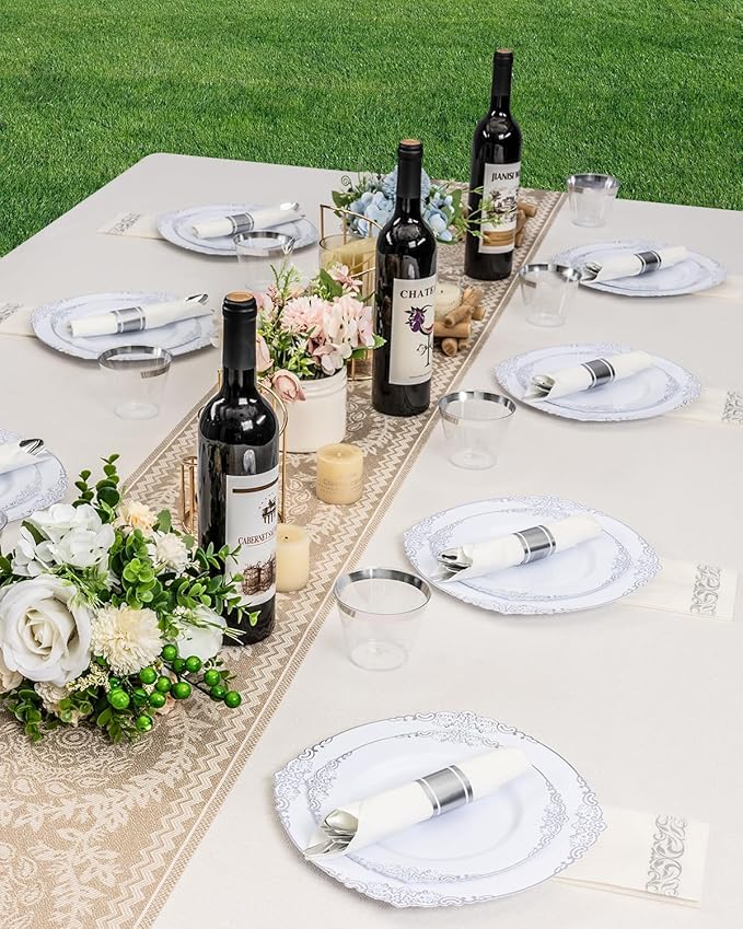 Goodluck 350 Piece Silver Plastic Dinnerware Set for 50 Guests, Fancy Disposable Plates, Include: 100 Silver Rim Plastic Plates, 150 Silverwares, 50 Pre Rolled Napkins, 50 Cups for Party, Wedding
