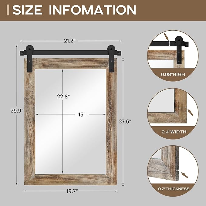 COGOOD Farmhouse Barn Door Mirror - 21 x 30 Rustic Wood Framed Wall Mirror for Bathroom, Living Room, Entryway Wall Decor (Striped Brown)