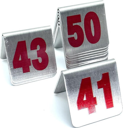 10 Pcs Metal Place Cards Stackable Tent Style Table Numbers，Place Card Holders for Celebration Wedding Party Restaurants Cafes Bars Gatherings meeting Room Board Game Serial (Small 41-50, Red)