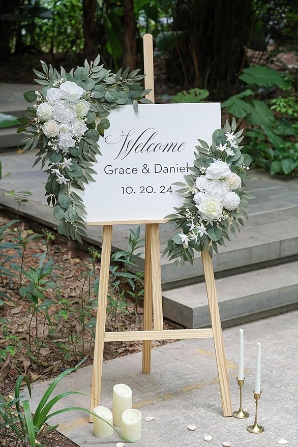 Artificial Flower Swag Set of 2 for Wedding Welcome Signs Floral Decorations, White Wedding Arch Flowers for Wedding Ceremony