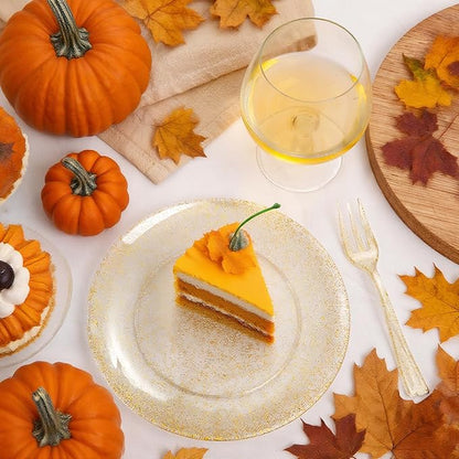 Festiva 200Pcs Gold Glitter Dessert Plates 6.3" with Forks 5"-Small Plastic Dessert/Cake/Appetizer Plates Disposable for 100 Guests Thanksgiving Party &Wedding& Birthday& Christmas