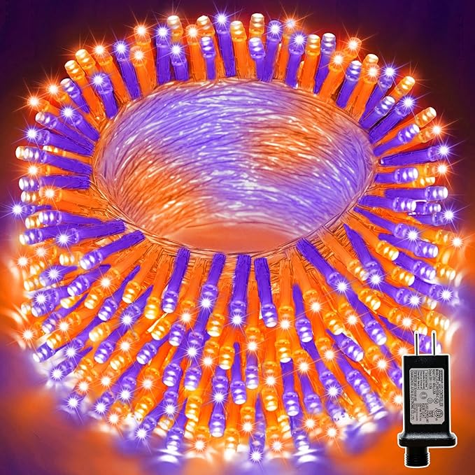 LAMPHOME 66ft Halloween Decorative Mini Lights, 200 LED Transparent Wire Fairy Starry String Lights Plug in, 12 Lighting Modes, for Halloween Decoration Outdoor Party Decoration (Orange and Purple)