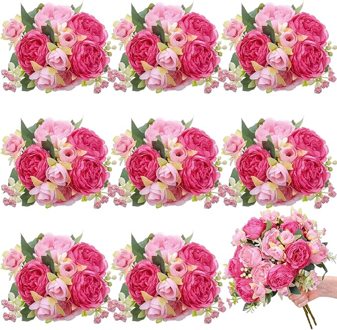 8 Bundles Artificial Peonies Flowers Boho Faux Flowers Arrangements Artificial Centerpiece Spring Bouquet Floral Wedding Decoration for Vase(Pink Series)