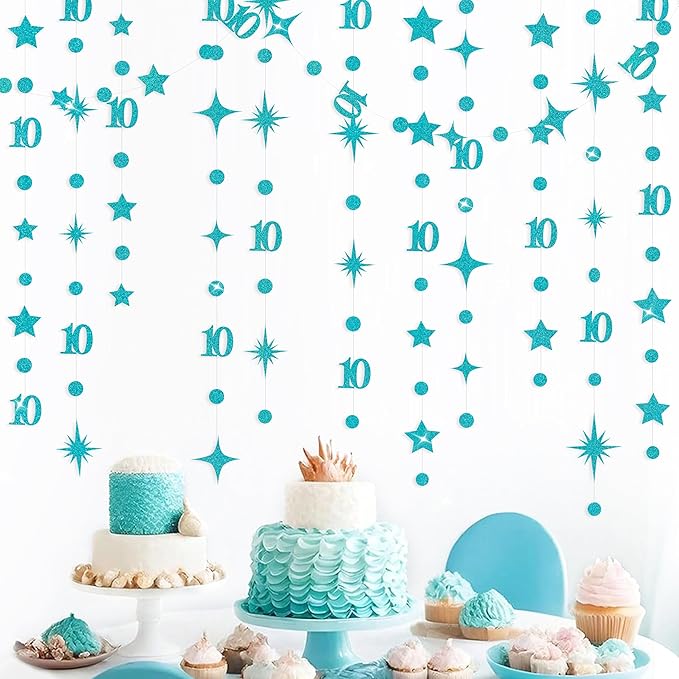 Teal Blue 10th Birthday Decorations Number 10 Circle Dot Star Garland Glitter Streamer Banner Backdrop for Girls Boys Double Digits Cheers to 10 Years Old Birthday 10th Anniversary Party Supplies