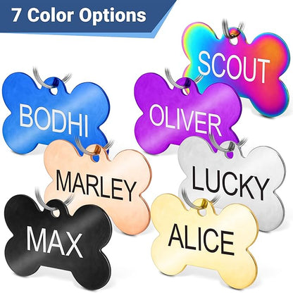 GoTags Stainless Steel Pet ID Tags, Personalized Dog Tags and Cat Tags, up to 8 Lines of Custom Text, Engraved on Both Sides, in Bone, Round, Heart, Bowtie and More (Dog Bone, Regular (Pack of 1))