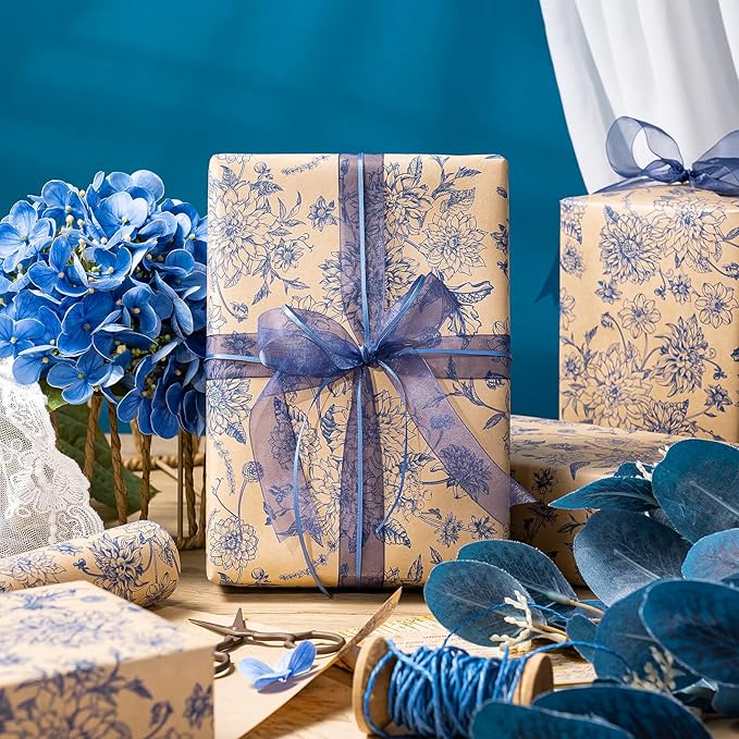 WRAPAHOLIC Kraft Blue Floral Wrapping Paper - Mini Roll - 17 Inch x 16.5 Feet - Vintage Blue Toile De Jouy Flower Wrapping Paper Perfect for Wedding, Birthday, Bridal Shower, Tea Party