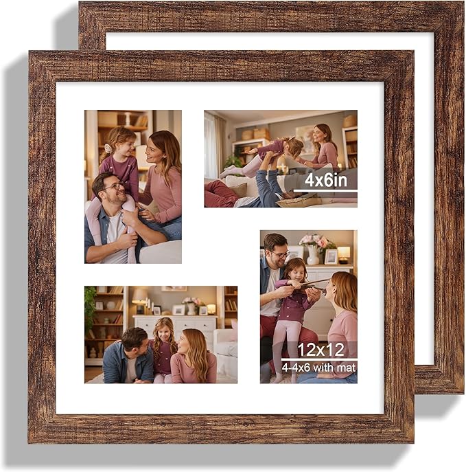12x12 Picture Frame Set of 2, Rustic Brown Wood Frame with Glass Collage Frame, Display Pictures 4-4x6 With Mat or 12 x 12 Without Mat,Square Photo Frames Collage for Wall Hanging or Tabletop