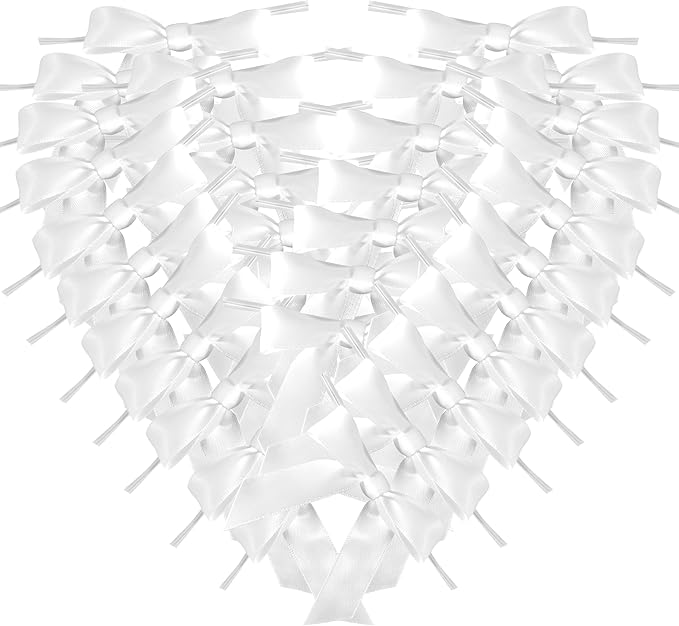 50pcs 2-1/2" White Satin Ribbon Bows with Twist Ties for Wedding Box Gift Wrapping Packing Christmas Decoration (White)