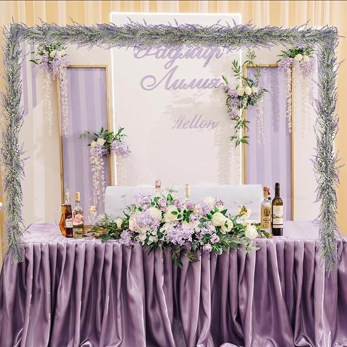 MAKHOT Spring Summer Lavender Purple Garland, 6Ft Lavender Artificial Green Garland, Fake Silver LavenderLeaves Vines for Wedding Mantle Party Arch Porch Stair Table Door Home Decor (Light Purple)